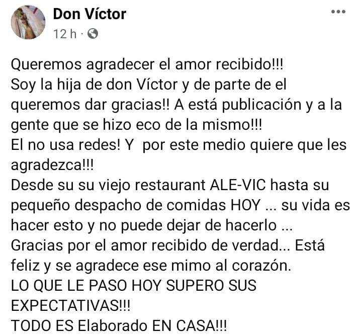 El agradecimiento de Don Víctor en redes por parte de su hija