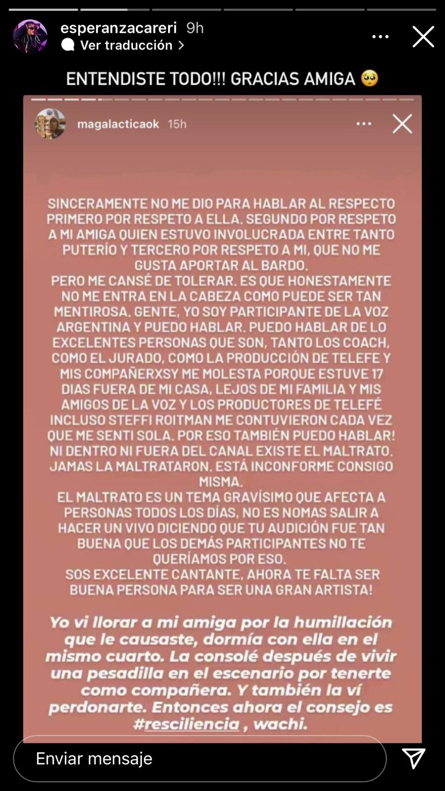 Magalí Aciar defendió a Esperanza Careri y a la producción de Telefe de los dichos de Jessica Amicucci.