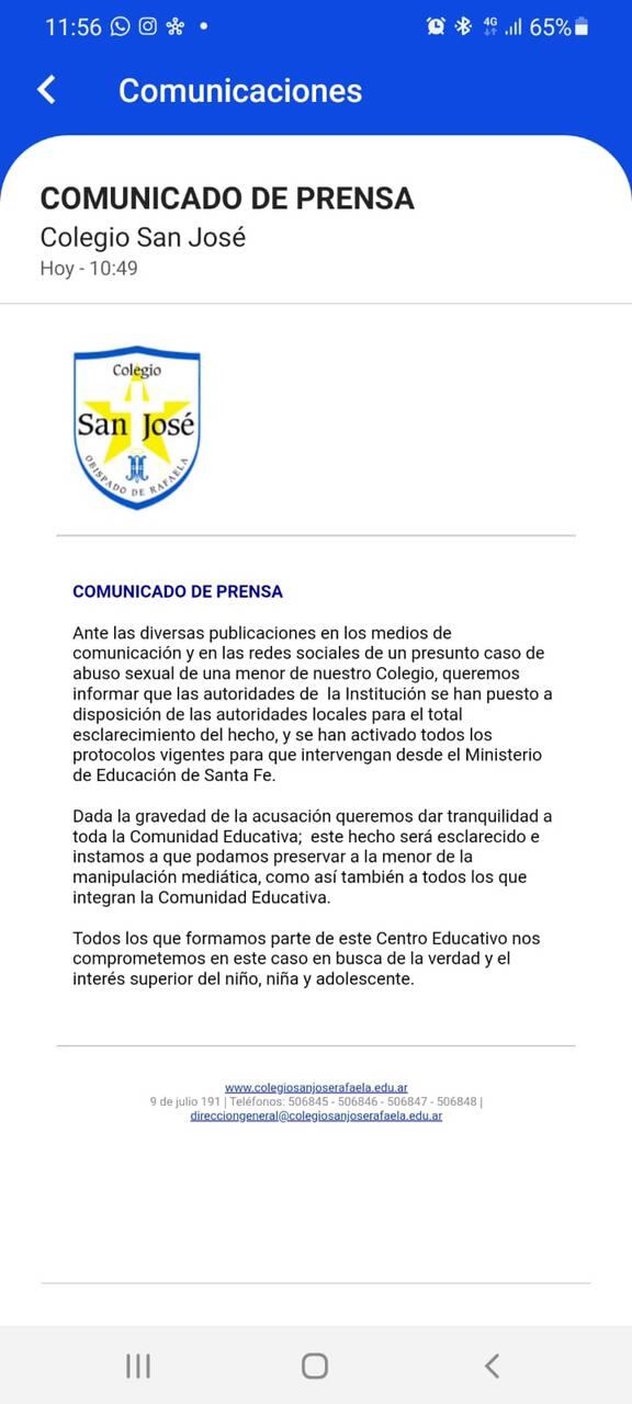 Comunicado del Colegio San José sobre el supuesto abuso sexual a una alumna