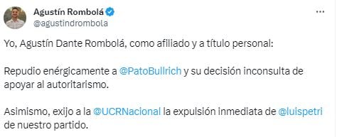 Piden que Luis Petri sea expulsado de la UCR por apoyar a Milei en el balotaje.