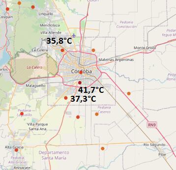 Ola de calor en Córdoba. Las ciudades con las máximas más altas este lunes 29 de enero. (X / @dimarcorafael)