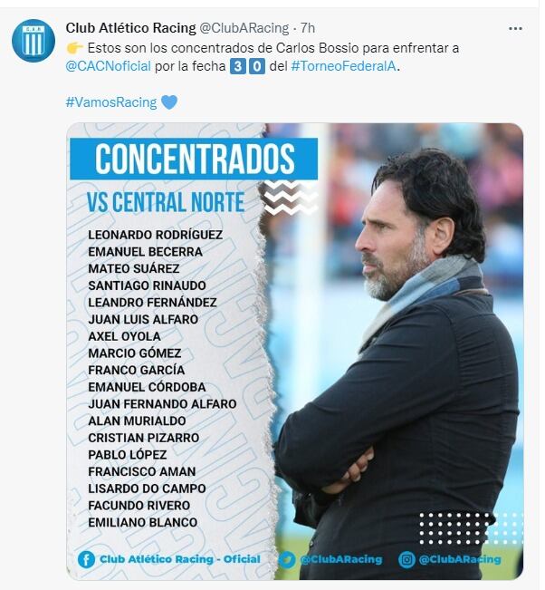 Carlos Bossio y los elegidos para un partido clave de Racing, ante Central Norte.