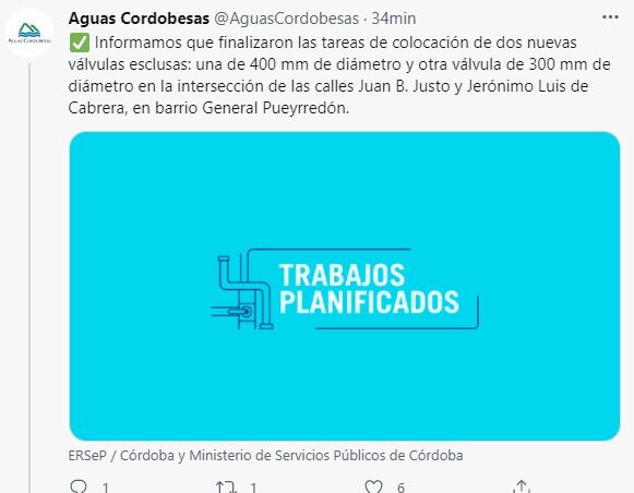 Aguas Cordobesas informó que el suministro comenzó a restablecerse.