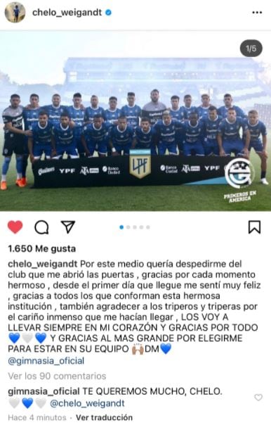 Marcelo Weigandt se despidió de los hinchas de Gimnasia.