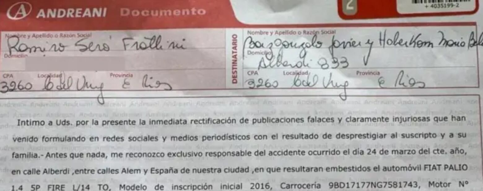 Imagen de la presunta carta documento.