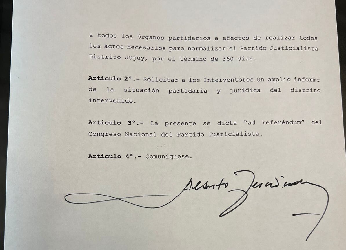 La resolución número 1 de este año del Consejo Nacional del Partido Justicialista (PJ), que preside Alberto Fernández, que dispone la intervención del Distrito Jujuy del Partido Justicialista.