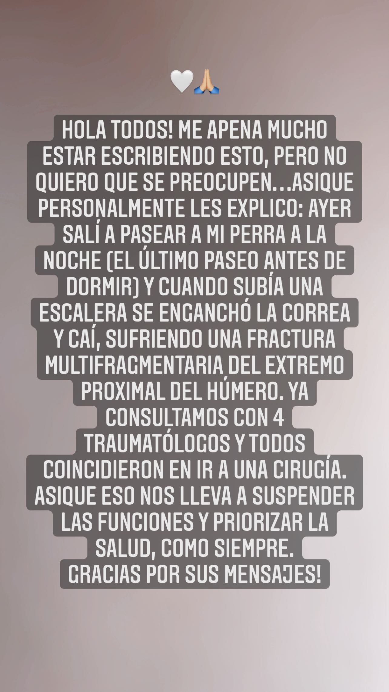 La actriz sufrió la fractura de un brazo y suspenden las funciones de “Una semana más”.