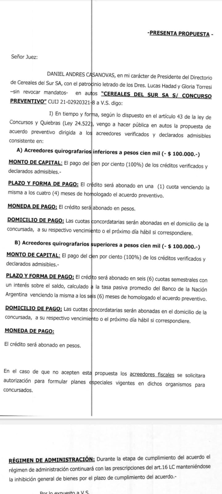 El plan de pagos que ofreció Daniel Casanovas a sus acreedores.