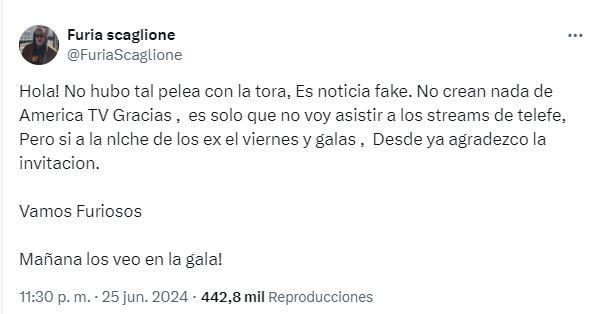 El mensaje de Furia sobre sus apariciones en TV, tras los rumores de una pelea con la Tora Villar