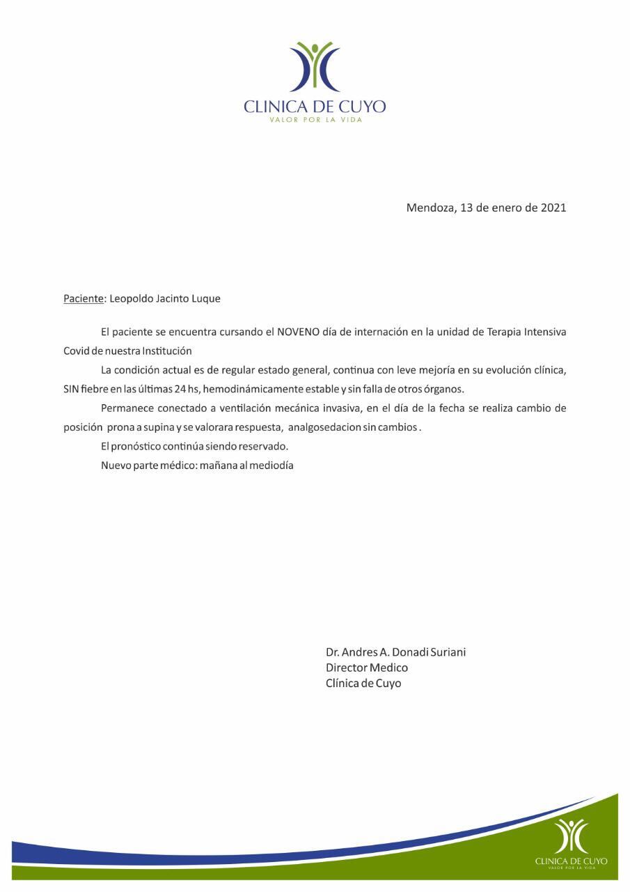 El parte de hoy sobre el estado de salud de Leopoldo Jacinto Luque