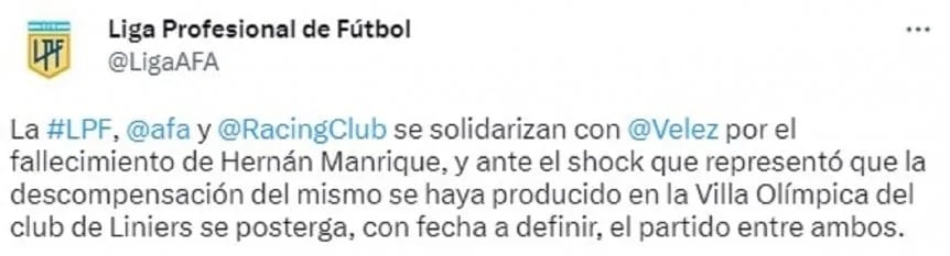 El comunicado de la Liga Profesional.