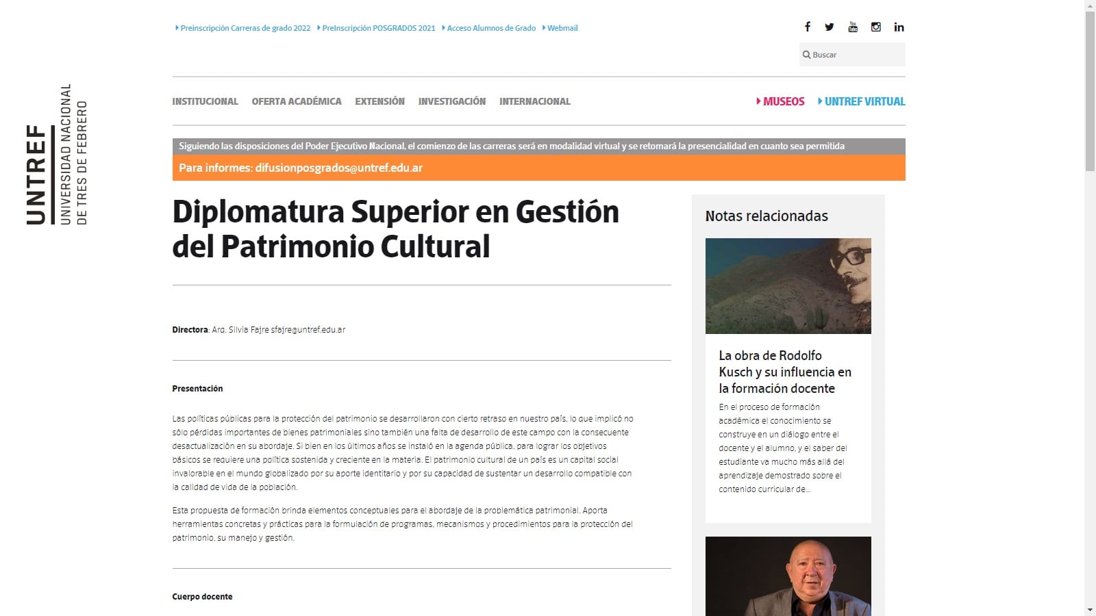 La página web de la Diplomatura Superior en Gestión del Patrimonio Cultural. 