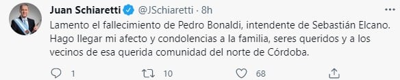 El Gobernador envió sus condolencias por la muerte del Intendente de la localidad del norte cordobés.