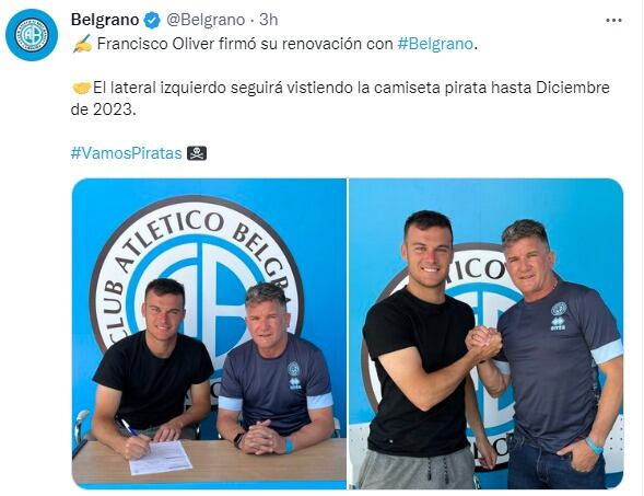 Luis Fabián Artime, presidente de Belgrano, firmó la extensión de contrato para Francisco Oliver.