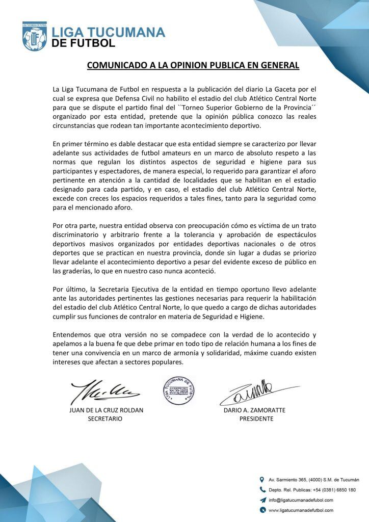 Comunicado oficial de la Liga Tucumana.