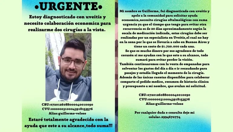 Llamado a la solidaridad: un neuquino padece una extraña enfermedad y necesita 2 millones de pesos para no quedar ciego.