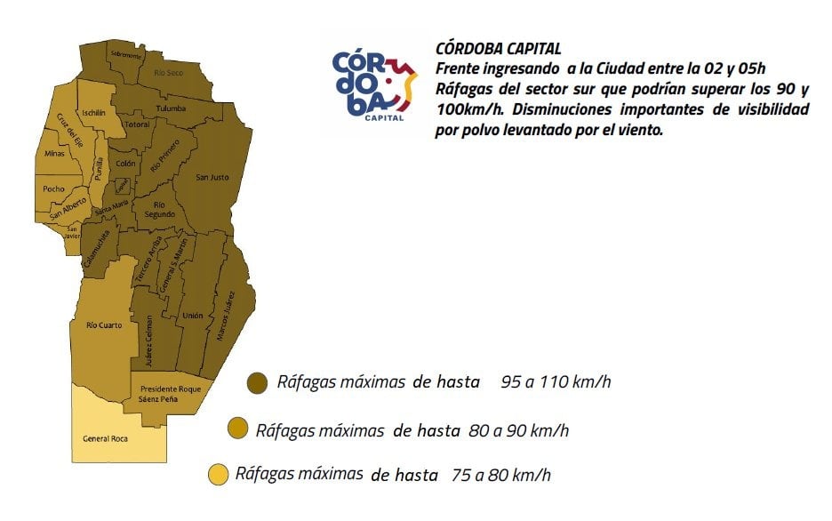 Advierten por la llegada de viento sur de hasta 110 km/h.