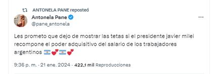 La indirecta Anto Pane para Javier Milei que generó repercusiones en las redes.