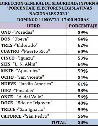 Resultados de participación provisorios hasta las 17 horas. Fuente: Ministerio de Gobierno de Misiones.