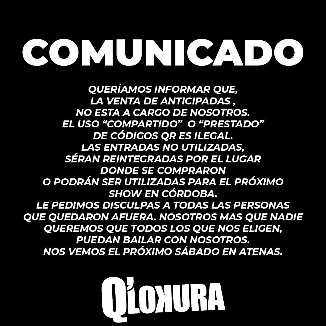 El comunicado oficial de Q´Lokura ante el problema del evento de 5 de marzo.