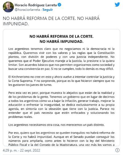 El tuit de Horacio Rodríguez Larreta en medio del debate por la ampliación de la Corte Suprema