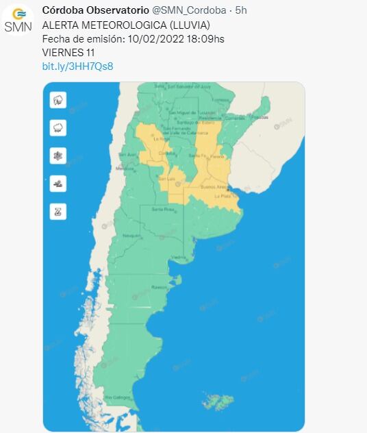 Alerta amarilla en Córdoba por abundante caída de agua en la región centro y sur.