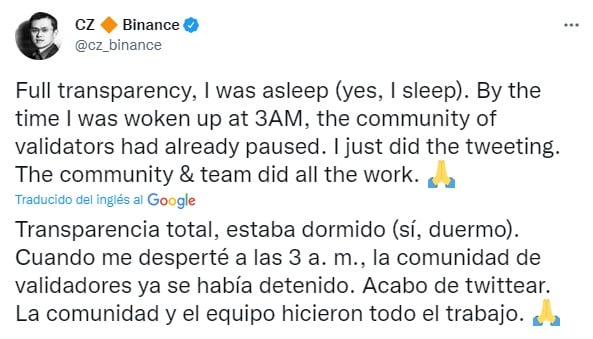 Uno de los mensajes del director de Binance sobre el robo