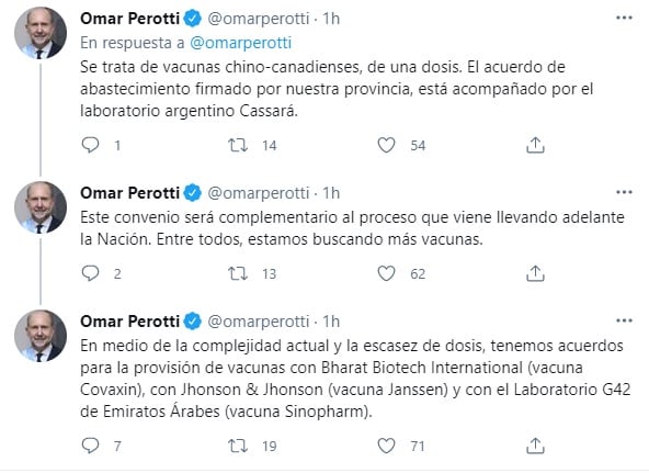 Perotti anunció la llegada de un millón de vacunas CanSino