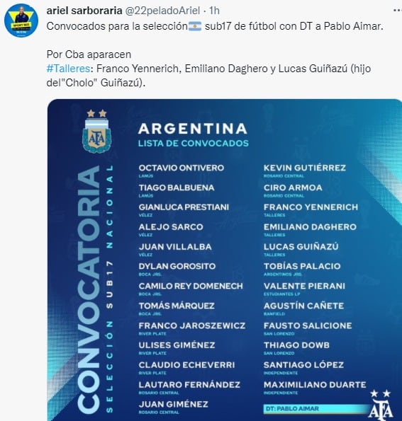 Lucas Guiñazú, volante central como el Cholo, convocado a entrenar con la Sub-17.