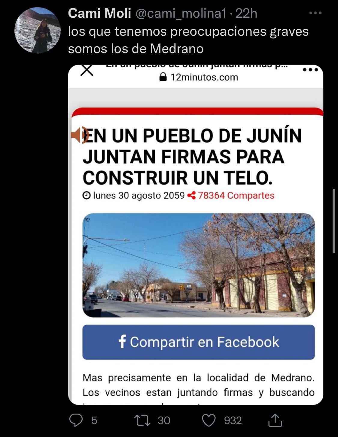 El tweet difundiendo la noticia "broma" de los vecinos de Medrano.