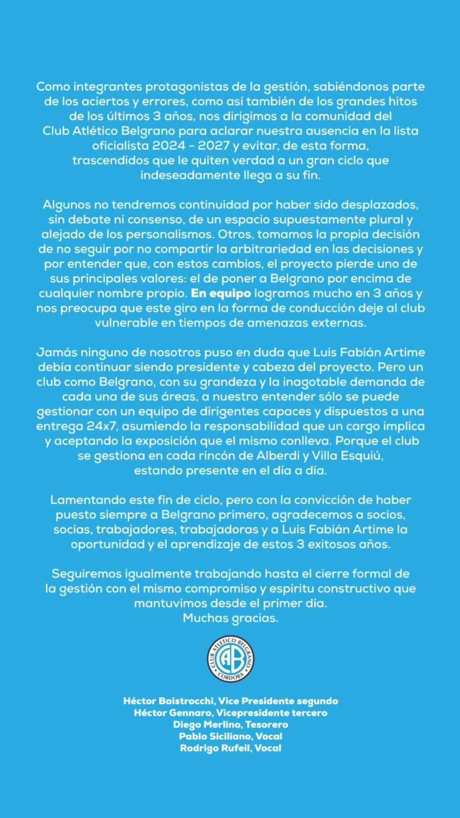 El duro comunicado de la parte de la comisión directiva, en la fractura del oficialismo de Belgrano.