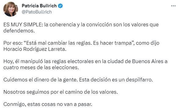 Patricia Bullrich lanzó una fuerte crítica a la decisión de Larreta.