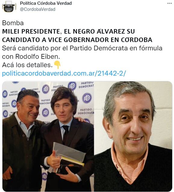 El Negro Álvarez se afilió al Partido Demócrata, la pata política de Javier Milei en Córdoba.