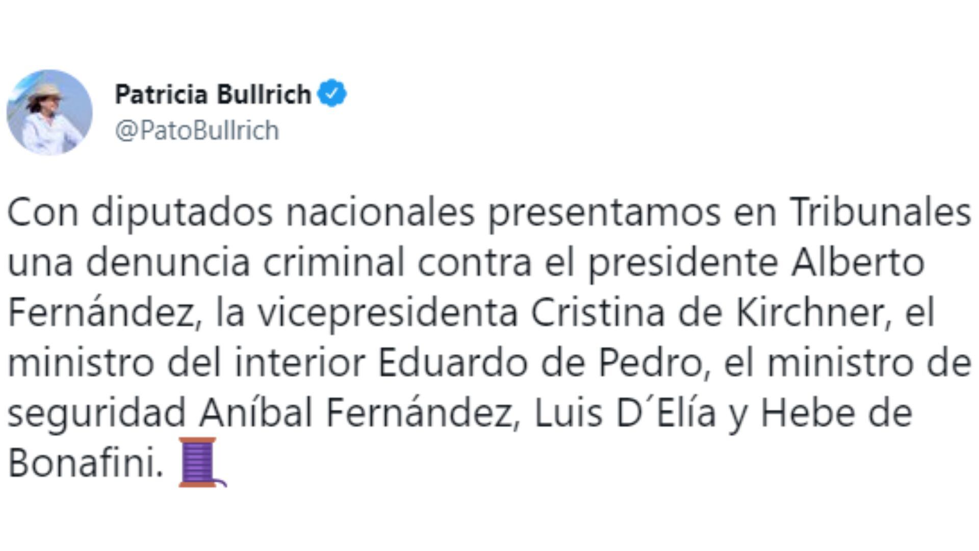 Tuit de Patricia Bullrich. / Foto: captura