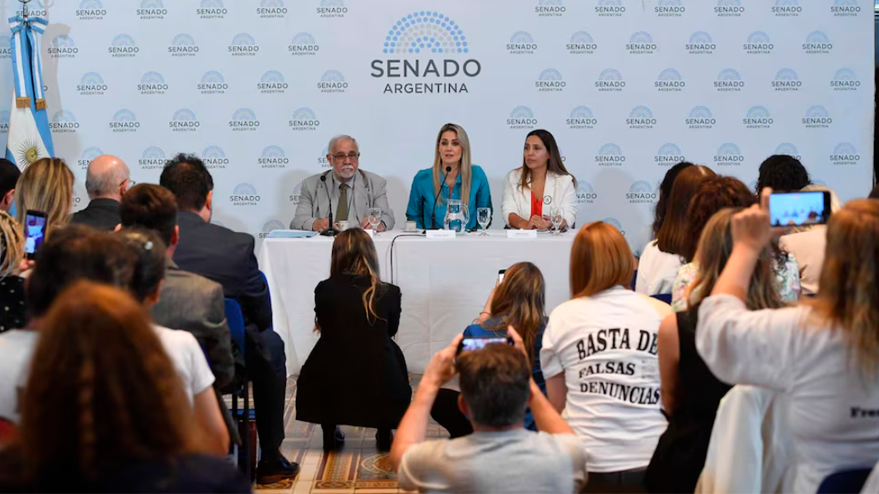 Los legisladores Carolina Losada (UCR) y Juan Carlos Pagotto (La Libertad Avanza) durante la jornada sobre falsas denuncias. Foto: Prensa Senado