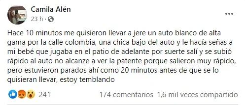 Publicación en Facebook de Camila Alén.