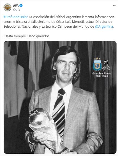 El comunicado oficial de la AFA por el fallecimiento de Menotti.