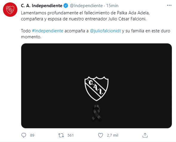 El mensaje de Independiente tras la muerte de la esposa de  Julio César Falcioni.