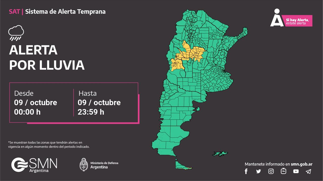 Alerta amarilla por lluvias este miércoles 9 de octubre.