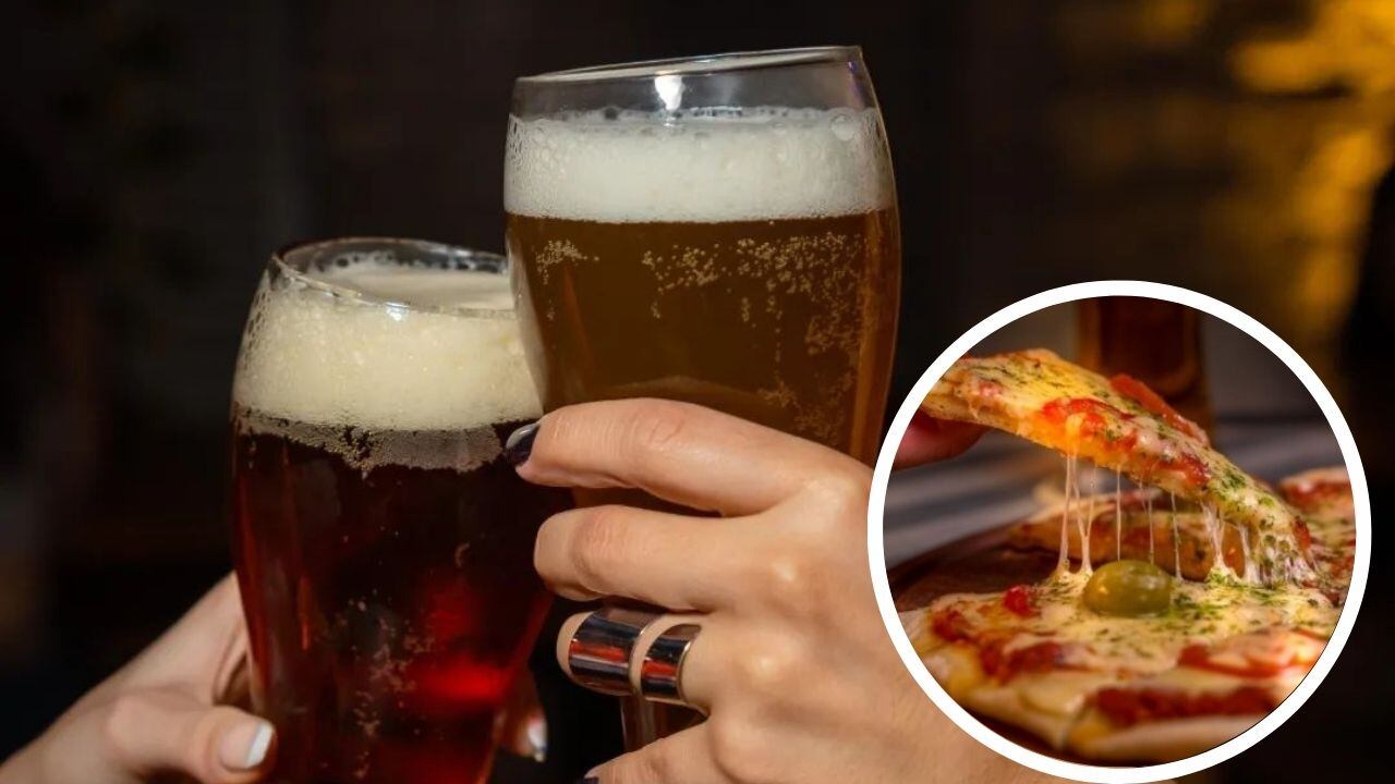 Cerveza y pizza en el bar de palestra en Córdoba. 