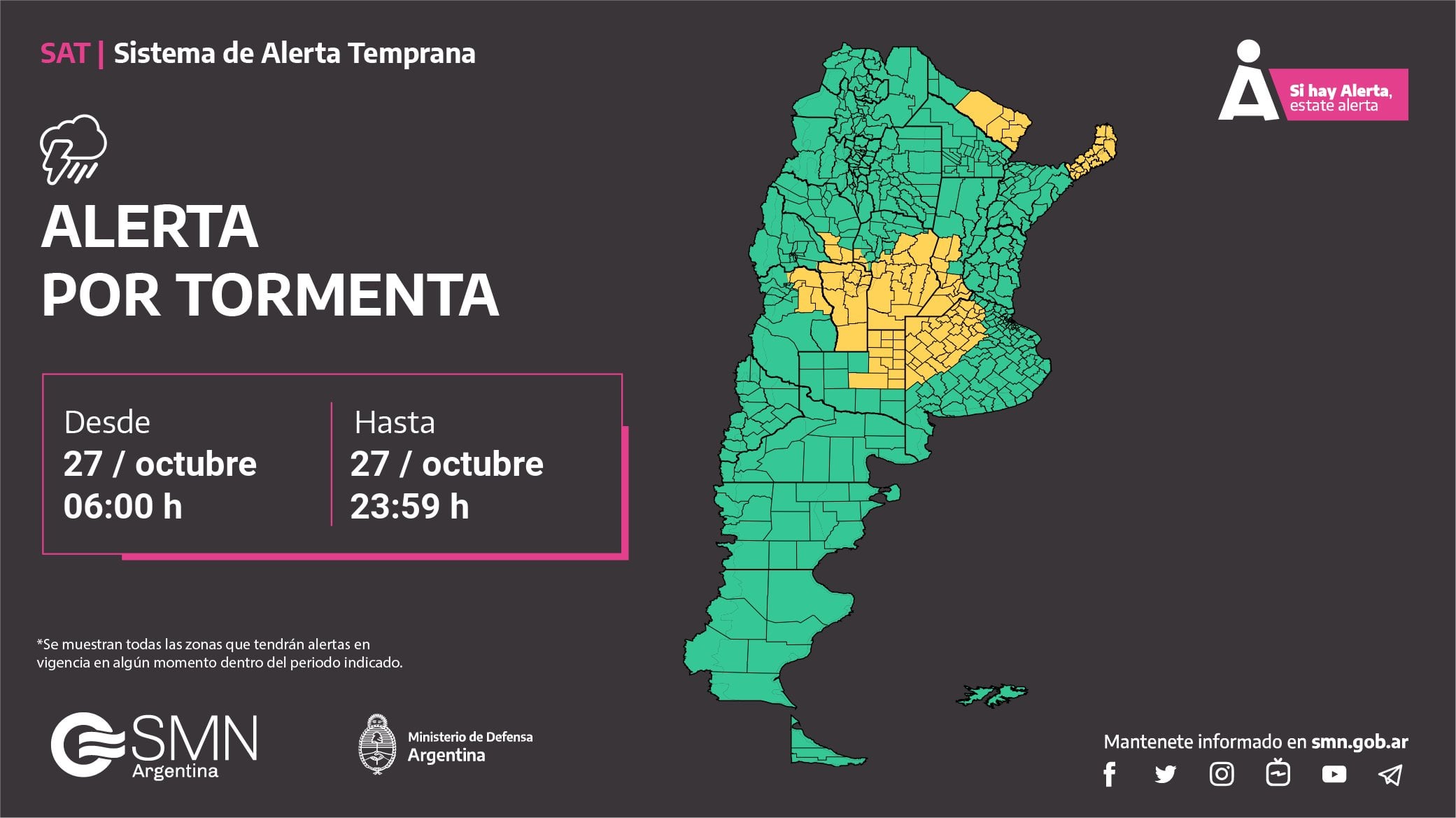 Alerta amarilla por tormentas para este viernes 27 de octubre.