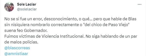 La mamá de Blas Correas lamentó el furcio del gobernador en una entrevista radial.