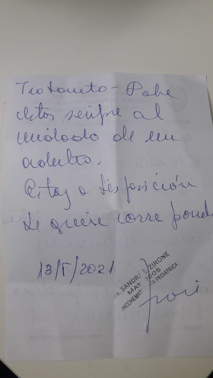 Nota realizada por el hospital explicando la situación de Noah 