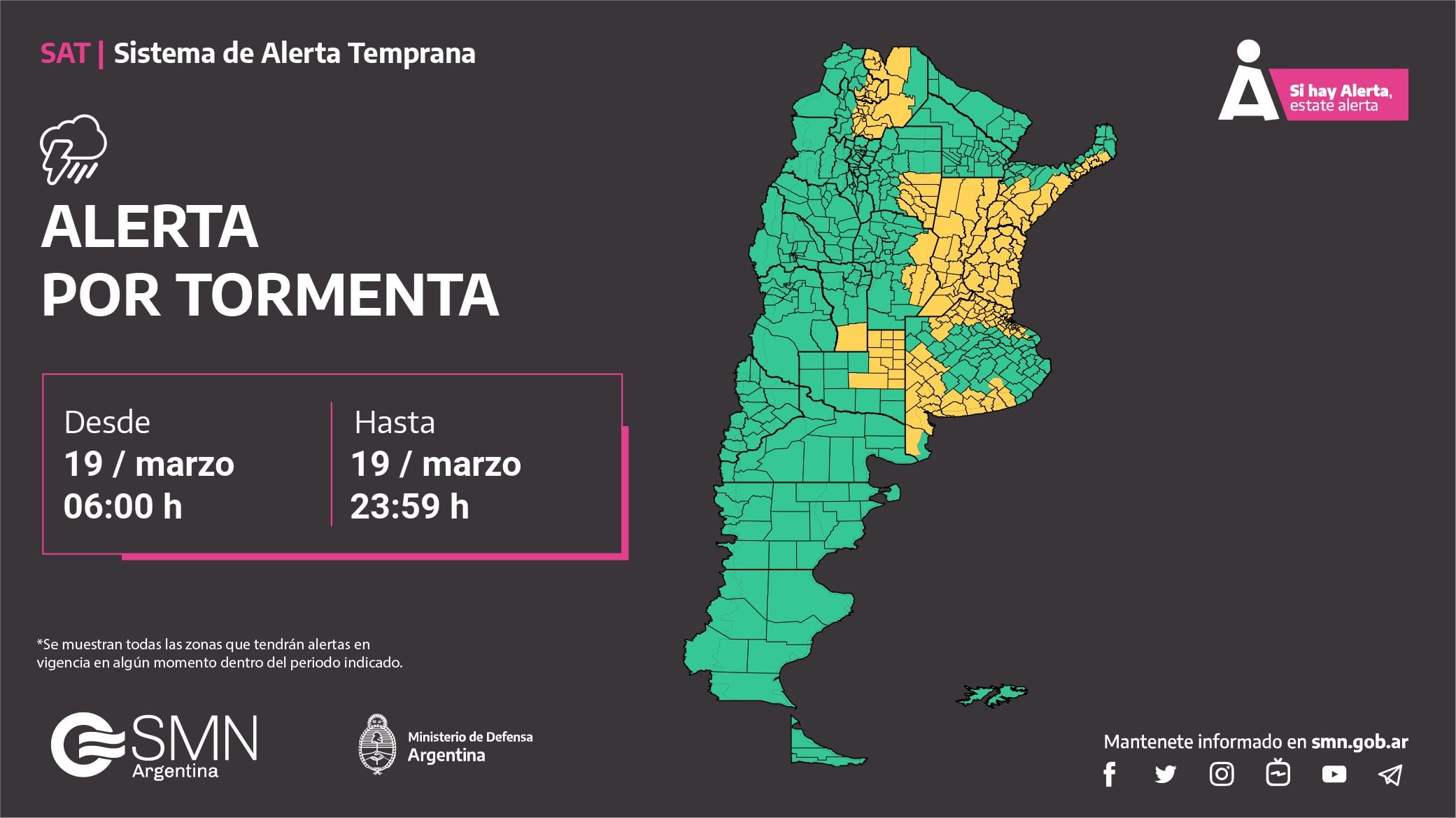 Alerta amarilla por tormentas este 19 de marzo.