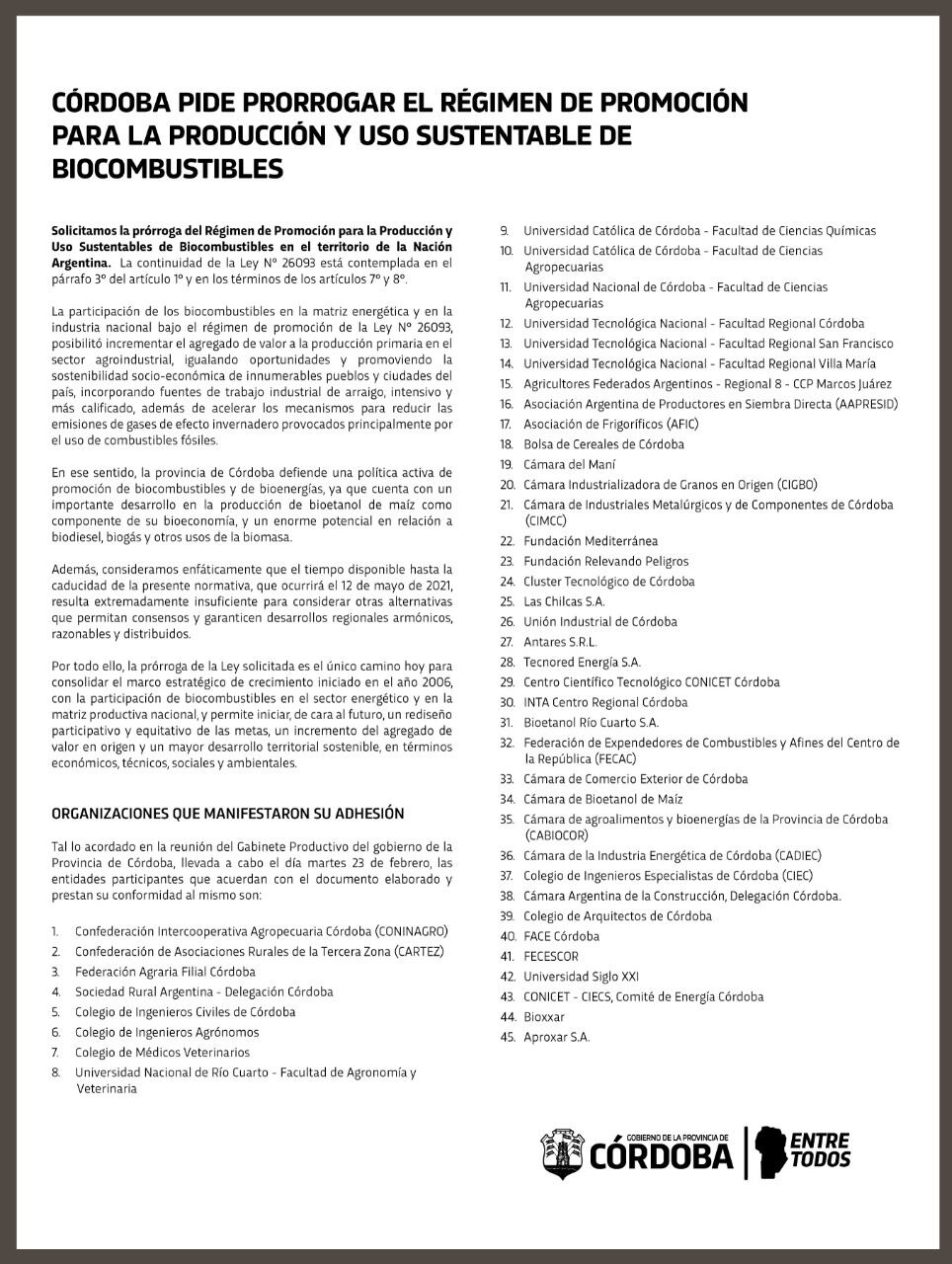 Comunicado de la Provincia por la ley de Biocombustibles (Prensa Gobierno)