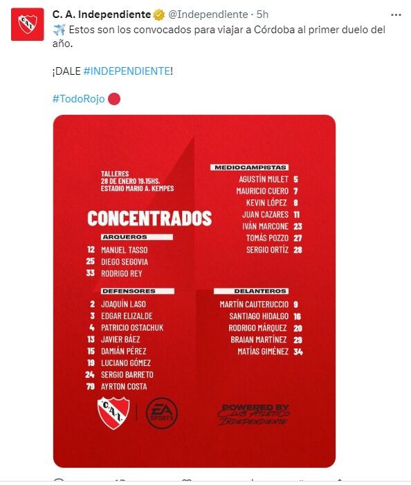 El plantel de Independiente, para el duelo con Talleres.