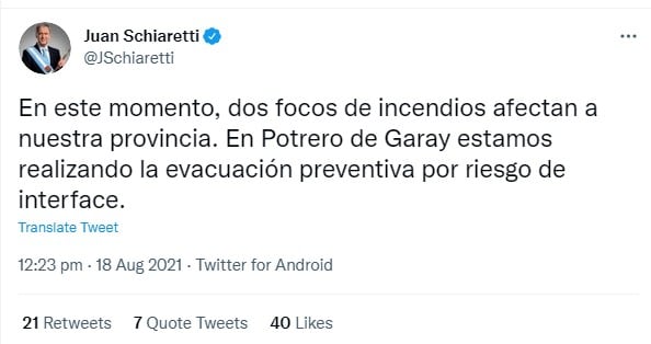 El tweet de Juan Schiaretti, sobre el incendio de Paravachasca.