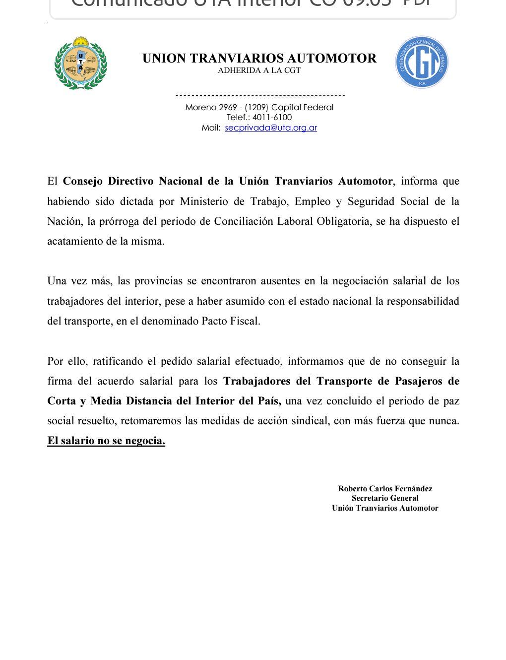 Autoridades locales compartieron el comunicado oficial de la UTA a nivel nacional.