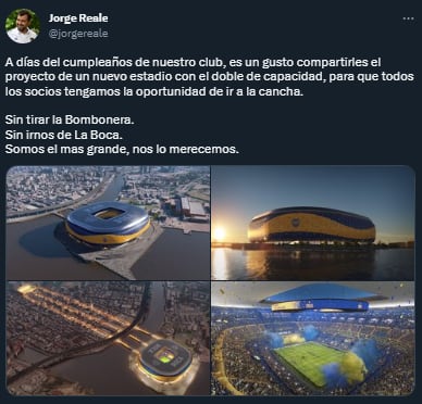 Jorge Reale y su tuit promoviendo un proyecto de estadio