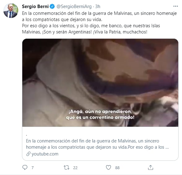 Sergio Berni cantó y grabó un chamamé para homenajear a los caídos en Malvinas